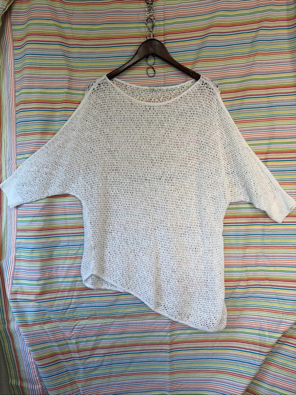 Eileen Fisher White Organic Cotton Nubble Mesh Asymmetrical Sweater Medium Beach
